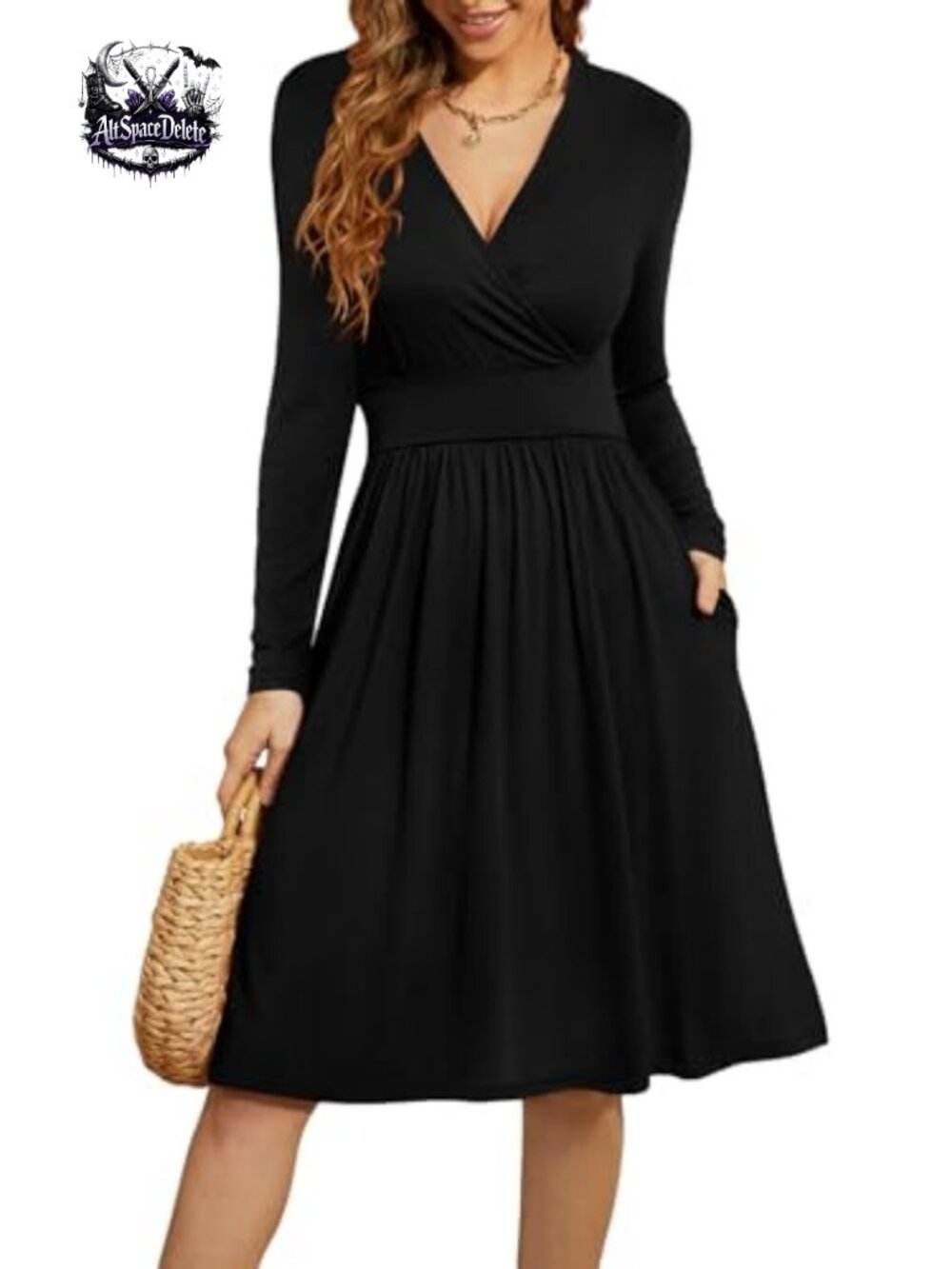 Women's Long Sleeve V Neck Casual Fall Dress with Pockets